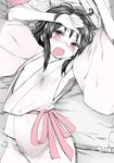  arms_up black_hair blush chikado dress drooling full-face_blush gohei hakurei_reimu headwear_removed japanese_clothes long_sleeves looking_at_viewer lying monochrome on_back open_mouth red_eyes ribbon sash solo spot_color tears touhou wavy_mouth wide_sleeves yawning 