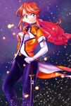  black_pants blue_eyes freckles gemini_sunrise gloves hair_tie holding holding_sword holding_weapon jacket kannah katana looking_to_the_side military_uniform official_alternate_costume orange_jacket pants ponytail red_hair sakura_taisen sakura_taisen_v sidelocks smile sword weapon white_gloves 