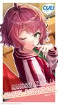  1girl ahoge blurry blurry_background blush breasts chair character_name closed_mouth collarbone cue! dated english_text from_side green_eyes green_shirt hand_on_own_face hand_up happy_birthday highres indoors jacket lips long_sleeves looking_at_viewer miyaji_mahoro official_art one_eye_closed pink_hair red_jacket shirako_miso shirt sitting small_breasts smile solo upper_body wavy_hair 