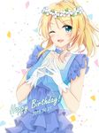  ;d ayase_eli bad_id bad_twitter_id blonde_hair blue_eyes choker confetti cowboy_shot dress fingers_together frilled_dress frills gloves happy_birthday head_wreath highres looking_at_viewer love_live! love_live!_school_idol_project one_eye_closed open_mouth ponytail shiina_kuro smile solo white_gloves yume_no_tobira 