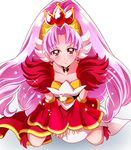  absurdres akagi_towa bad_id bad_pixiv_id bangs blush collarbone cure_scarlet detached_sleeves earrings full_body go!_princess_precure highres jewelry kneeling long_hair magical_girl parted_bangs pink_hair precure red_eyes red_sleeves sharumon skirt smile solo 