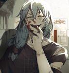  1boy air_(ai_r_) blood blood_on_hands blue_eyes blue_hair closed_eyes clothing_cutout highres jujutsu_kaisen long_hair low-tied_long_hair mahito_(jujutsu_kaisen) male_focus pale_skin shoulder_cutout smile solo staple stitched_arm stitched_neck stitched_wrist stitches upper_body white_eyes 