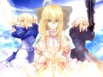  artoria_pendragon_(all) blonde_hair bow dark_excalibur excalibur fate/stay_night fate/unlimited_codes fate_(series) hair_bow highres multiple_girls multiple_persona ponytail rindon_(pixiv338875) saber saber_alter saber_lily yellow_eyes 
