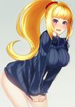  akai_kagerou bare_legs blonde_hair blue_eyes blush breasts clothes_pull grey_background gundam gundam_tekketsu_no_orphans kudelia_aina_bernstein large_breasts leaning_forward long_hair long_sleeves looking_at_viewer no_pants open_mouth ponytail ribbed_sweater scrunchie simple_background solo striped sweater sweater_pull turtleneck vertical_stripes wavy_mouth 