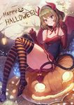  blue_eyes breasts brown_hair choker cleavage demon_tail elbow_gloves fake_horns fangs gloves green_eyes hairband halloween heterochromia high_heels highres idolmaster idolmaster_cinderella_girls jack-o'-lantern meto31 mole mole_under_eye paw_pose red_gloves ribbon_choker short_hair sitting small_breasts smile solo striped striped_legwear tail takagaki_kaede thighhighs trick_or_treat upskirt wings 