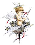  angel angel_wings arrow artist_name bad_id bad_pixiv_id blue_eyes book brown_hair building commentary_request halo male_focus marker_(medium) millipen_(medium) navel noeyebrow_(mauve) nude original solo traditional_media white_background wings 