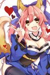  :d animal_ears bad_id bad_pixiv_id bare_shoulders black_legwear bow breasts choker cleavage detached_sleeves fang fate/extra fate_(series) fox_ears fox_tail hair_bow heart japanese_clothes large_breasts long_sleeves looking_at_viewer open_mouth pink_hair sash simple_background smile solo sxupxdxxy tail tamamo_(fate)_(all) tamamo_no_mae_(fate) thighhighs white_background 