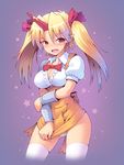  alternate_costume alternate_hairstyle ass_visible_through_thighs bangs blonde_hair blush bow breasts cleavage collared_shirt cowboy_shot embroidery fangs gradient gradient_background gradient_hair high-waist_skirt horn hoshiguma_yuugi kurogarasu large_breasts long_hair looking_to_the_side multicolored_hair oni open_clothes open_mouth open_shirt panties parted_bangs pointy_ears puffy_short_sleeves puffy_sleeves red_bow red_eyes shirt short_sleeves skirt skirt_tug solo suspender_skirt suspenders thighhighs touhou twintails underwear white_legwear white_panties white_shirt wristband 