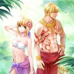  1girl absurdres ahoge artoria_pendragon_(all) bikini_top blonde_hair fate/stay_night fate_(series) flower gilgamesh green_eyes ha84no hair_flower hair_ornament hibiscus highres purple_sarong red_eyes saber sarong shirtless tattoo tropical 