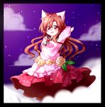  animal_ears blush breasts brooch brown_hair chibi dress highres imaizumi_kagerou jewelry long_hair long_sleeves looking_at_viewer open_mouth red_eyes small_breasts smile solo totoharu_(kujirai_minato) touhou wide_sleeves wolf_ears 