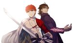  bad_id bad_pixiv_id brown_hair cape command_spell donam emiya_shirou fate/grand_order fate/stay_night fate_(series) igote katana kotomine_kirei limited/zero_over male_focus multiple_boys red_hair shirtless sword weapon 
