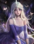  banned_artist bare_shoulders breasts bug butterfly cleavage dress forest highres horn insect lady_amalthea long_hair looking_at_viewer medium_breasts nature purple_dress purple_eyes sakimichan solo the_last_unicorn the_unicorn_(the_last_unicorn) very_long_hair 