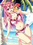  ;d bad_id bad_pixiv_id barefoot beach bikini blush breasts cleavage cloud commentary_request cup day douji flower hacka_doll hacka_doll_2 hibiscus highres large_breasts layered_bikini long_hair looking_at_viewer mug navel ocean one_eye_closed open_mouth outdoors pink_eyes pink_hair shore side-tie_bikini smile solo swimsuit tropical_drink water 