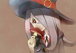  grey_hair hair_over_one_eye hat little_witch_academia long_hair looking_at_viewer mushroom pale_skin red_eyes simple_background smelling smile solo sucy_manbavaran tasuke_seinyuu wavy_mouth witch witch_hat 