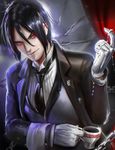  banned_artist black_hair chain coffee formal gloves hair_between_eyes highres kuroshitsuji male_focus necktie red_eyes sakimichan sebastian_michaelis solo suit upper_body 