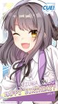  1girl :d beret blush breasts brown_ribbon character_name collared_shirt cue! dated english_text fang happy_birthday hat hat_ribbon highres jacket kujo_yuzuha lips long_hair long_sleeves looking_at_viewer official_art one_eye_closed open_mouth plaid_ribbon purple_jacket ribbon shirako_miso shirt sidelocks skin_fang smile solo upper_body white_hat white_shirt yellow_eyes 