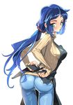  apron ass blue_hair denim from_behind green_eyes gundam gundam_build_fighters iori_rinko jeans kushabiria mature pants ponytail ribbed_sweater solo sweater turtleneck 