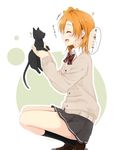 1girl bad_id bad_twitter_id black_cat cardigan cat closed_eyes from_side heart highres holding holding_cat kneehighs kousaka_honoka loafers love_live! love_live!_school_idol_project one_side_up open_mouth orange_hair profile school_uniform shiina_kuro shoes skirt smile solo squatting 