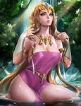  armlet banned_artist bare_shoulders barefoot belly_chain blonde_hair blue_eyes breasts cleavage earrings highres jewelry large_breasts long_hair necklace outdoors partially_submerged pointy_ears princess_zelda sakimichan sitting solo the_legend_of_zelda the_legend_of_zelda:_twilight_princess tiara very_long_hair water waterfall 