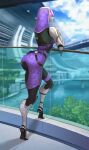  1girl absurdres alien ass blue_sky city full_body highres mass_effect_(series) outdoors quarian science_fiction sky solo spacemaxmarine tali'zorah tiptoes tree 
