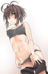  antenna_hair black_eyes bra brown_hair kochiya_(gothope) original panties panty_pull short_hair shorts shorts_pull solo underwear 