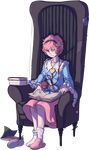  armchair bags_under_eyes book chair commentary full_body hairband heart highres hole_in_sock komeiji_satori long_sleeves mefomefo messy_hair old pink_eyes pink_hair pink_skirt reading sad shoes silk single_shoe sitting skirt slippers socks solo spider_web touhou transparent_background 