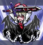  :d black_wings blonde_hair dress ex-rumia fang frilled_dress frills halo kugelschreiber open_mouth red_eyes rumia shirt short_hair smile solo sword touhou weapon wings 