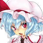  blue_hair chikado fangs hat looking_back mob_cap open_mouth portrait red_eyes remilia_scarlet short_hair solo touhou 