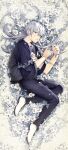  1boy absurdres air_(ai_r_) blue_eyes blue_hair flower full_body highres jujutsu_kaisen long_hair lying mahito_(jujutsu_kaisen) male_focus on_side pale_skin pants parted_lips shoes solo stitched_arm stitched_neck stitched_wrist stitches white_eyes white_flower white_shoes 