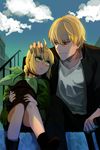 1girl ahoge artoria_pendragon_(all) blonde_hair child fate/stay_night fate_(series) gilgamesh green_eyes highres jisue10 petting plant potted_plant red_eyes saber time_paradox younger 