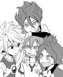  greyscale grin inazuma_eleven inazuma_eleven_(series) inazuma_eleven_go kariya_masaki kiyama_hiroto lightning_bolt male_focus monochrome multiple_boys nagumo_haruya open_mouth raimon raimon_soccer_uniform riho simple_background smile soccer_uniform sportswear suzuno_fuusuke time_paradox upper_body white_background 