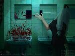  1boy artist_name bathroom blood blood_splatter blue_hair bluesky_username extra_eyes jujutsu_kaisen long_hair low-tied_long_hair mahii_mahii mahito_(jujutsu_kaisen) mirror monster short_sleeves signature sink stitched_arm stitched_wrist stitches tile_wall tiles twitter_username water 