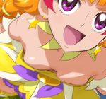  :d amanogawa_kirara breasts cleavage cure_twinkle earrings go!_princess_precure haruyama_kazunori jewelry long_hair magical_girl open_mouth orange_hair precure purple_eyes red_hair small_breasts smile solo star star_earrings 