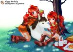  2girls apple ass blue_eyes blush boots brown_hair character_name cup food fruit gemini_sunrise geminin_sunrise gloves hair_tie happy_birthday holding holding_food holding_fruit jacket kannah larry_(sakura_taisen) leaning_on_animal milk mug multiple_girls open_mouth orange_jacket orange_skirt picnic_blanket ponytail red_boots red_gloves red_hair sakura_taisen sakura_taisen_v shirt siblings sidelocks sisters sitting skirt smile tree white_horse yellow_shirt 