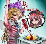  2girls american_flag_dress arm_up bare_shoulders blonde_hair chain closed_eyes clothes_writing clownpiece collar english eyebrows fairy_wings food hat hecatia_lapislazuli jester_cap ketchup long_hair migi_tonari multiple_girls omurice open_mouth polos_crown red_eyes red_hair smile spoken_ellipsis star striped thick_eyebrows touhou very_long_hair wings 