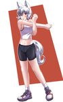  animal_ears bike_shorts blush breasts commentary_request full_body groin highres inubashiri_momiji kouno_ibuki looking_at_viewer medium_breasts midriff navel open_mouth pantylines red_eyes shoes short_hair silver_hair sneakers socks solo stretch tail touhou wolf_ears wolf_tail 