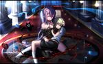  1girl arukanu bare_shoulders bat black_dress black_legwear blonde_hair blood blood_in_mouth blood_on_face blue_eyes breasts choker cleavage detached_sleeves dress hair_ornament highres hk_(hk) hyakuya_mikaela juliet_sleeves krul_tepes long_hair long_sleeves multiple_girls owari_no_seraph pillar pointy_ears ponytail puffy_sleeves purple_hair red_eyes ribbon_choker shirt short_hair short_sleeves sitting small_breasts thighhighs thighs vampire very_long_hair wariza 