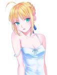  ahoge artoria_pendragon_(all) blonde_hair breasts camisole cleavage collarbone fate/stay_night fate_(series) green_eyes nipi27 parted_lips saber small_breasts solo strap_slip white_background 