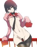  ban black_eyes black_hair black_legwear breasts censored highres long_sleeves looking_at_viewer monogatari_(series) navel necktie nipples oshino_ougi owarimonogatari pantyhose railing revision school_uniform short_hair sleeves_past_wrists small_breasts smile solo thigh_gap 