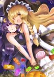  :&lt; absurdres animal_ears bare_arms bare_shoulders bat black_dress blonde_hair braid breast_press breasts candy cat_ears commentary crescent crescent_hair_ornament dress food hair_ornament halloween hat highres holding_hands interlocked_fingers jack-o'-lantern kemonomimi_mode kirisame_marisa large_breasts layered_dress looking_at_viewer mob_cap multiple_girls open_mouth patchouli_knowledge purple_dress purple_eyes purple_hair sash senbon_tsuki single_braid sleeveless sleeveless_dress smile symmetrical_docking touhou triangle_mouth witch_hat yellow_eyes 