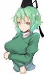  breasts green_eyes green_hair hat japanese_clothes large_breasts looking_at_viewer nyakonro_(nekonro) open_mouth short_hair simple_background soga_no_tojiko solo tate_eboshi touhou upper_body white_background 