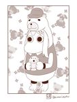  animal_costume bear_costume bow bowtie commentary food fruit hat holding kantai_collection monochrome moomin muppo northern_ocean_hime patterned_background sazanami_konami shaved_ice sidelocks solo spoon stuffed_animal stuffed_toy teddy_bear 