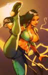  abs asymmetrical_hair barefoot black_hair bracelet breasts brown_eyes cleavage crop_top dark_skin electricity feet front-tie_top jewelry kicking large_breasts laura_matsuda midriff pants robert_porter soles solo street_fighter street_fighter_v toeless_legwear toes 