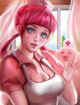  :d ^_^ banned_artist blue_eyes breasts chansey cleavage closed_eyes curtains gen_1_pokemon hat highres joy_(pokemon) large_breasts nurse_cap open_mouth pink_hair pokemon pokemon_(creature) sakimichan smile teeth twintails 