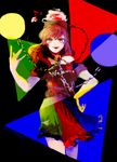 black_background black_shirt chain clothes_writing collar earth_(ornament) eighth_note hand_on_hip hand_up hat hecatia_lapislazuli kimochi long_hair looking_at_viewer moon_(ornament) multicolored multicolored_clothes multicolored_skirt musical_note off-shoulder_shirt open_mouth polos_crown red_eyes red_hair shirt simple_background skirt smile solo touhou triangle 