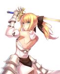  absurdres ahoge armor armored_dress artoria_pendragon_(all) bare_back bare_shoulders blonde_hair bow caliburn detached_sleeves dress fate/stay_night fate/unlimited_codes fate_(series) faulds gauntlets green_eyes hair_bow highres ling_luo_xi_yang ponytail saber saber_lily solo sword weapon white_background 