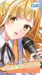  1girl blonde_hair blunt_bangs blurry blurry_background blush braid breasts brown_ribbon character_name collared_shirt cue! dated english_text happy_birthday highres hinakura_riko holding holding_microphone jacket lips long_hair long_sleeves looking_at_viewer medium_breasts microphone official_art open_mouth orange_jacket plaid_ribbon ribbon shirako_miso shirt solo upper_body very_long_hair white_shirt yellow_eyes 