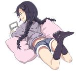  :q ass black_hair braid denim denim_shorts hair_ornament hairclip handheld_game_console hood hoodie idolmaster idolmaster_cinderella_girls kneehighs long_hair lying miyoshi_sana niku-name nintendo_ds on_stomach panties panty_peek pillow playing_games shorts solo striped striped_panties tongue tongue_out twin_braids underwear 