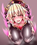  blonde_hair breasts covered_nipples harumi_(harumix) heart heart-shaped_pupils huge_breasts impossible_clothes junko_(touhou) long_hair looking_at_viewer open_mouth red_eyes solo symbol-shaped_pupils tears touhou upper_body 