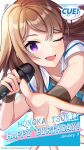  1girl blue_jacket bow breasts brown_bow brown_hair character_name collarbone collared_shirt cue! dated english_text hands_up happy_birthday highres holding holding_microphone jacket lips long_hair looking_at_viewer microphone official_art one_eye_closed open_hand open_mouth outstretched_arm palms plaid_bow purple_eyes reaching reaching_towards_viewer shirako_miso shirt short_sleeves smile solo spread_fingers tsukii_honoka upper_body white_shirt 